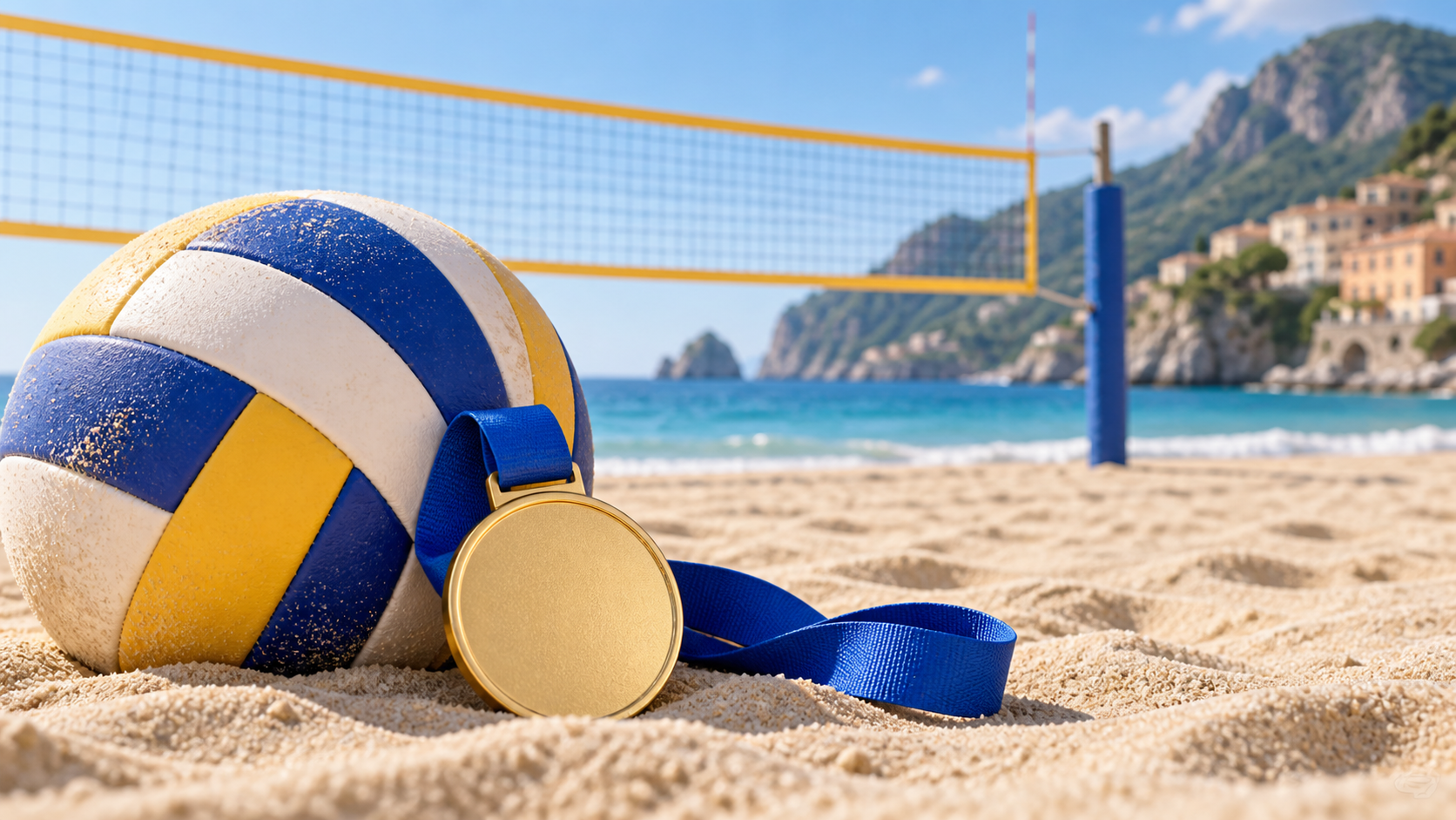 Illustrazione di un pallone da beach volley sulla sabbia accanto a una rete e a una medaglia