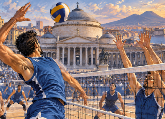 Pallone e rete da pallavolo davanti ad atleti in azzurro e a una piazza ispirata a Napoli