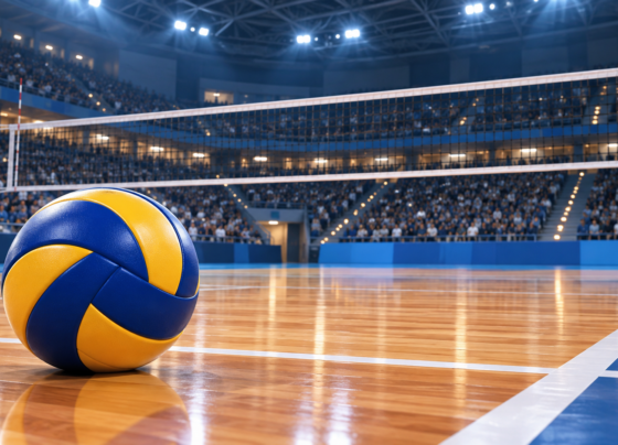Illustrazione di un pallone da pallavolo davanti a una rete in un palazzetto illuminato con tribune sullo sfondo