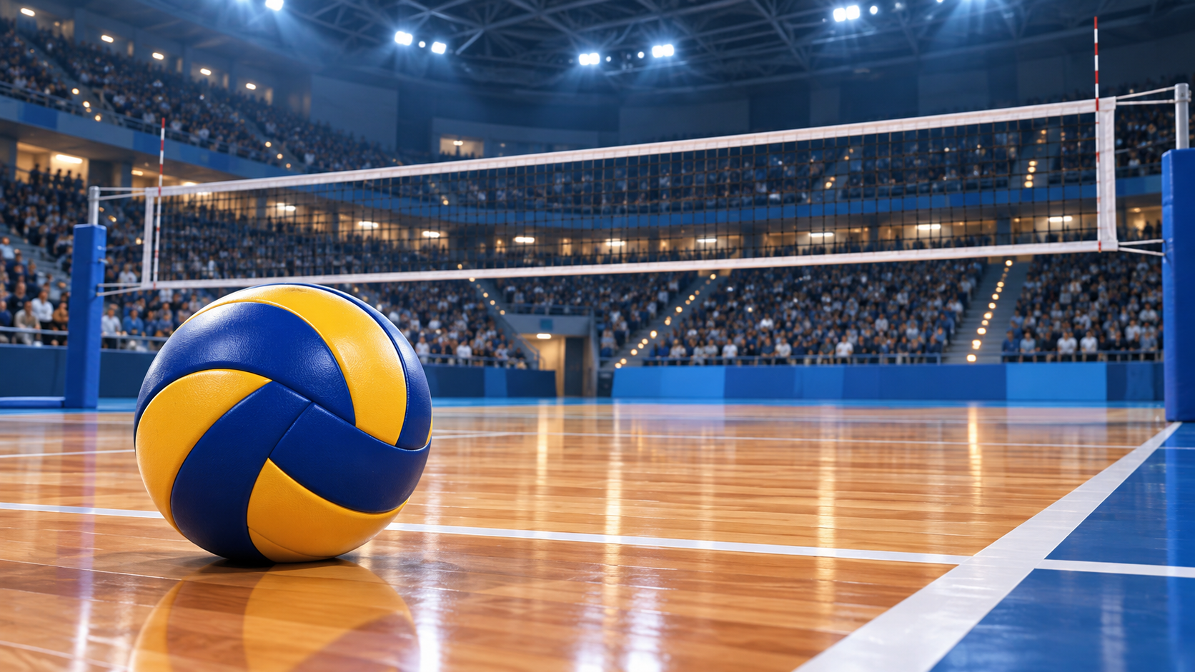 Illustrazione di un pallone da pallavolo davanti a una rete in un palazzetto illuminato con tribune sullo sfondo