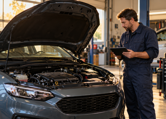 Meccanico con tablet diagnostico accanto a un’auto con cofano aperto in officina